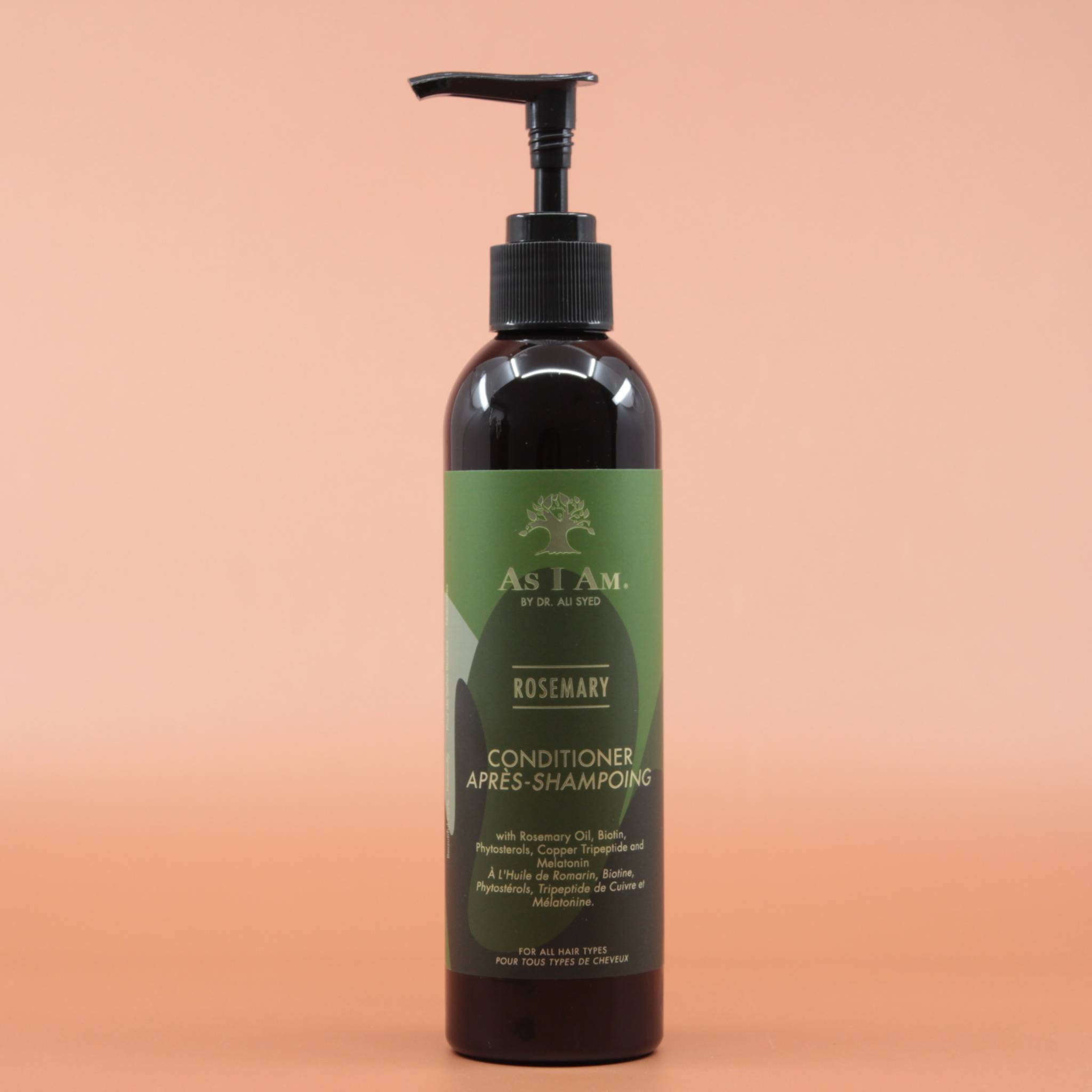 Das Haarpflegeprodukt AS I AM Rosemary Conditioner 237ml in der Vorderansicht vor einem braun-orangen Hintergrund.