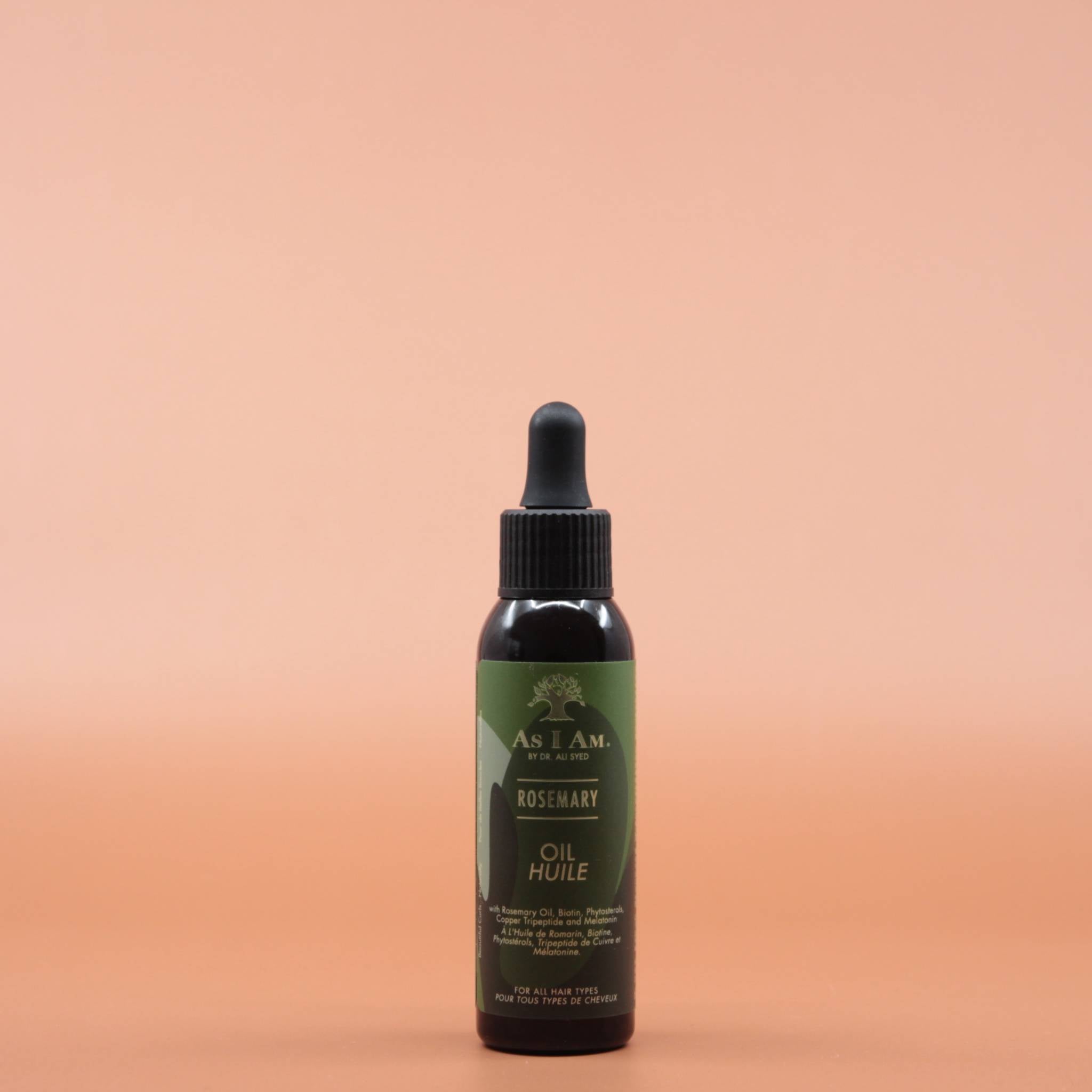 Das Haarpflegeprodukt AS I AM Rosemary Oil 60ml in der Vorderansicht vor einem braun-orangen Hintergrund.