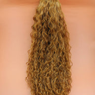 DREAM HAIR Ponytail Diborra Curly, Farbe 27 (goldblond) in der Vorderansicht vor einem braun-orangen Hintergrund.