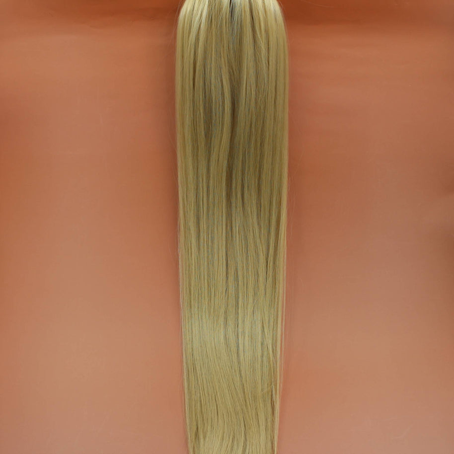 DREAM HAIR Ponytail Straight 30'', Farbe 22 (blond) in der Vorderansicht vor einem braun-orangen Hintergrund.