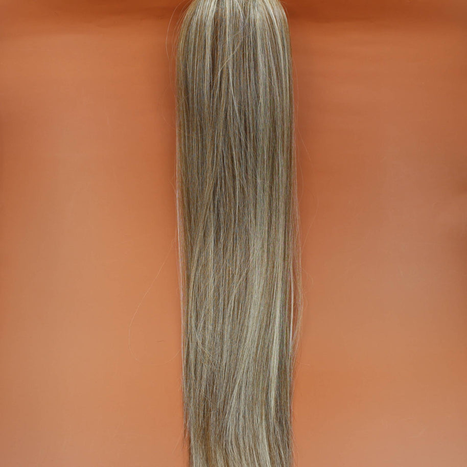 DREAM HAIR Ponytail Straight 30'', Farbe 18/22 (blond mix) in der Vorderansicht vor einem braun-orangen Hintergrund.